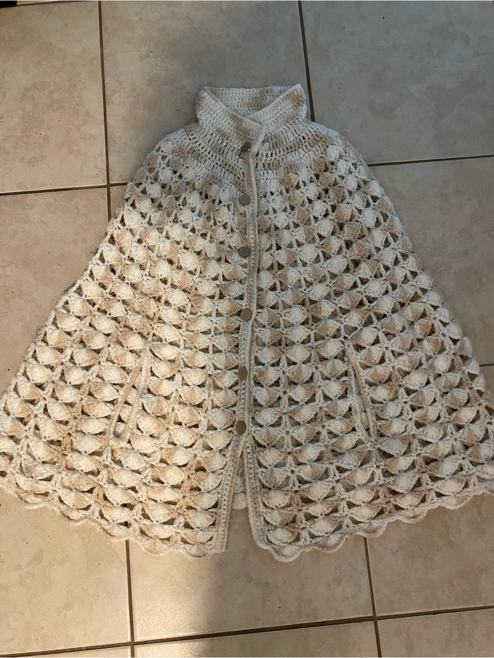 Vintage Hand crocheted poncho with buttons and pocket slits Large